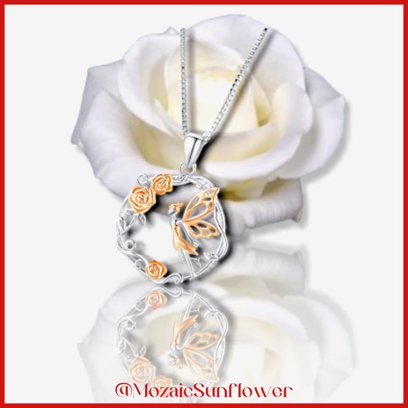 Fairy and 3 Rose's In A Wreath Silver and Gold Necklace 19" Chain (NWT) - Picture 2 of 3